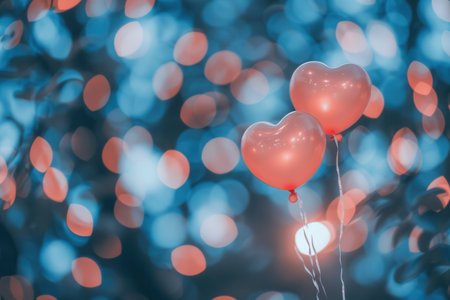 Two heart-shaped balloons float against a backdrop of bokeh lights, perfect for romantic events.の素材