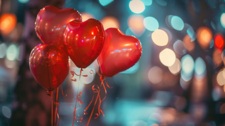 A close-up of heart-shaped balloons against a soft background of city lights. This image captures the essence of a romantic evening in a park or on a rooftop.の素材