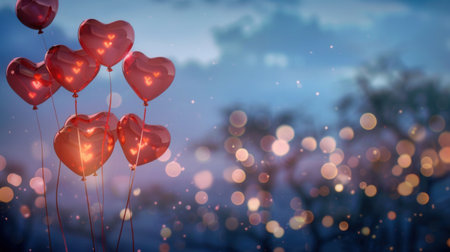A cluster of red heart-shaped balloons floating against a soft twilight sky with blurred city lights, ideal for romantic events.の素材