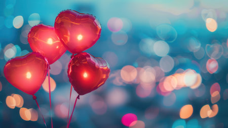 Heart-shaped balloons float against a dreamy cityscape backdrop, perfect for romantic evenings.の素材