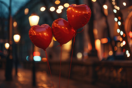 Three red heart-shaped balloons against the backdrop of a romantic evening in the city.の素材