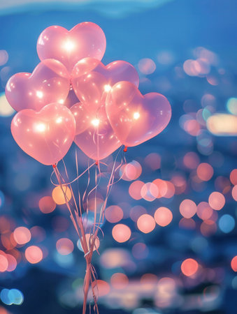 A cluster of pink, heart-shaped balloons float against a backdrop of evening city lights.の素材