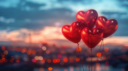 A close-up of red heart-shaped balloons against the backdrop of a city skyline at sunset. Ideal for romantic event planners and restaurants.の素材