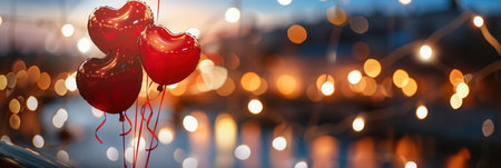 Red heart-shaped balloons in the foreground with a blurred cityscape of twinkling lights behind.の素材