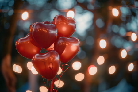 Close-up of red heart-shaped balloons with warm lights in the background. Ideal for restaurants and event planners wanting a romantic touch.の素材