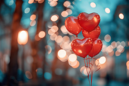 A cluster of red heart-shaped balloons float against a backdrop of twinkling city lights.の素材