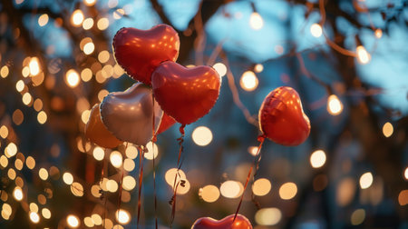 Heart-shaped balloons against a romantic backdrop of twinkling lights in a park or rooftop setting. Perfect for restaurants and romantic events.の素材