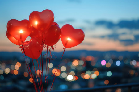 Heart-shaped balloons against a backdrop of city lights at twilight. Perfect for romantic events.の素材