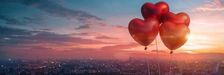 Red heart-shaped balloons float against a breathtaking sunset over a city skyline.の素材