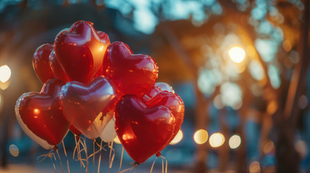 Heart-shaped balloons against a romantic evening cityscape, perfect for restaurant and event planners.の素材