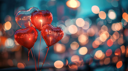 Romantic image of heart-shaped balloons against a bokeh background of city lights, perfect for restaurants and event planners.の素材