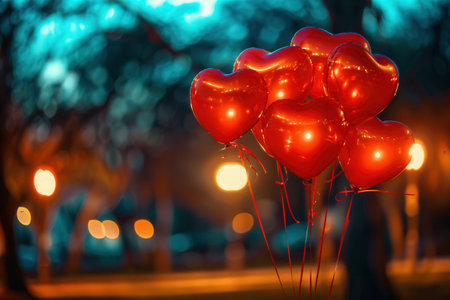 A close-up of red heart-shaped balloons floating against a backdrop of soft, out-of-focus lights and foliage, creating an intimate and romantic atmosphere.の素材