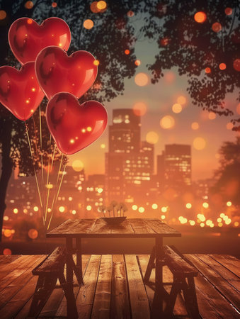 A romantic evening scene with a wooden table and benches set for two. Heart-shaped balloons float in the air against a backdrop of twinkling city lights.の素材