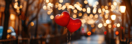 Two red heart-shaped balloons float against a blurred background of warm evening city lights. Perfect for romantic event planning, restaurants, and love-themed promotions.の素材