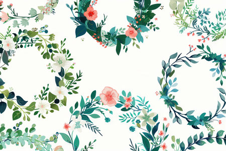 A beautiful collection of floral wreaths in various styles, perfect for adding a festive touch to wedding invitations and celebrations.の素材