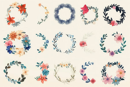 A collection of 18 watercolor floral wreaths, featuring different styles, colors, and arrangements. Perfect for wedding invitations, save the dates, and festive celebrations.の素材