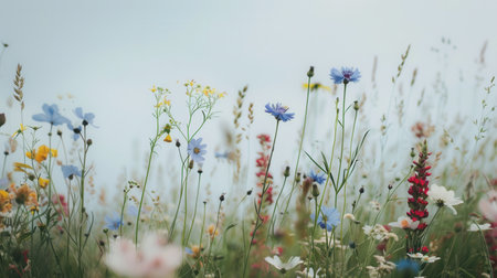 A field of wildflowers, with soft blue and yellow blossoms, and tall grasses, bathed in the gentle light of the morning.の素材