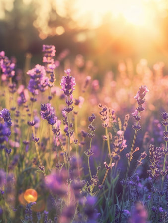 A field of lavender blooms basks in the gentle light of dawn, creating a serene and romantic scene.の素材