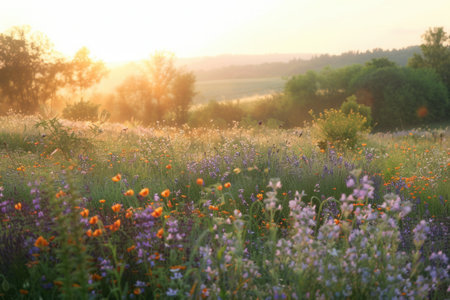 A beautiful field of wildflowers, bathed in the warm glow of the rising sun.の素材
