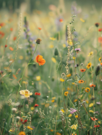 Wildflowers and grasses blooming in a field on a summer day evoke a natural and rustic charm, great for marketing farmers markets and natural product stores.の素材