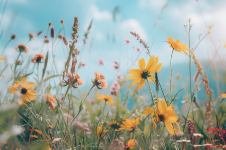 A bright, colorful photo of wildflowers in a field. Perfect for natural products, farmers markets, and nature-themed designs.の素材