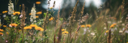 A rustic and natural image featuring wildflowers and grasses in a meadow, perfect for farmers markets and natural product stores.の素材