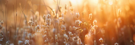 A field of wildflowers and grasses bathed in the warm glow of the setting sun.の素材