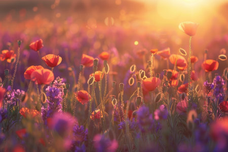 A field of poppies bathed in the soft, golden light of sunrise.の素材