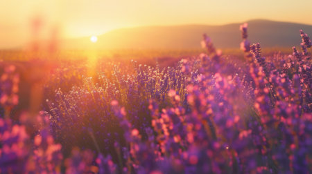 A field of lavender flowers is illuminated by the soft light of dawn, creating a picturesque scene.の素材