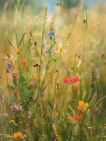 A lush meadow filled with a variety of wildflowers bathed in warm summer sunlight. Perfect for adding a touch of nature to your designs.の素材