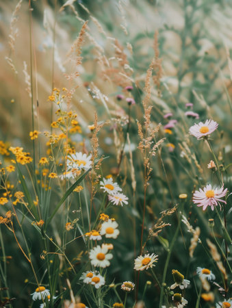 Close-up view of a summer meadow filled with delicate wildflowers and grasses, creating a natural and rustic atmosphere.の素材