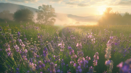 A field of lavender blossoms bathed in the warm glow of the rising sun, with misty hills in the background.の素材