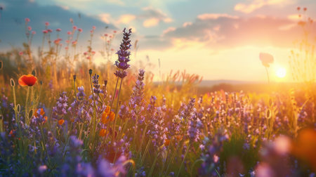 A field of purple lavender and orange poppies blooms at dawn, with the early morning sun casting a romantic glow over the scene.の素材