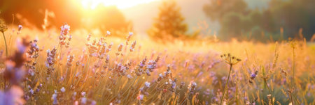 A field of lavender flowers is bathed in the soft light of dawn, creating a romantic and serene scene.の素材