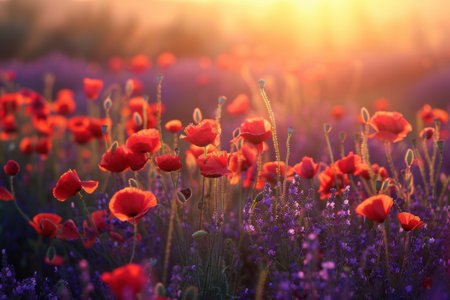 A field of red poppies bathed in the soft light of dawn, with a background of lavender flowers.の素材