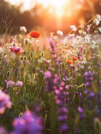 A field of poppies and lavender bathed in the golden light of dawn.の素材