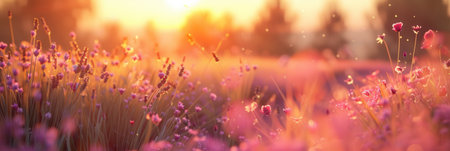 A field of wildflowers is bathed in the warm glow of the rising sun, creating a romantic and serene atmosphere.の素材