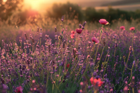 A field of lavender blooms bathed in the soft light of dawn, with pops of color from red poppies.の素材