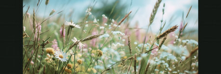 A picturesque field of wildflowers and grasses, bathed in the soft glow of summer light. Perfect for creating a rustic, natural feel.の素材