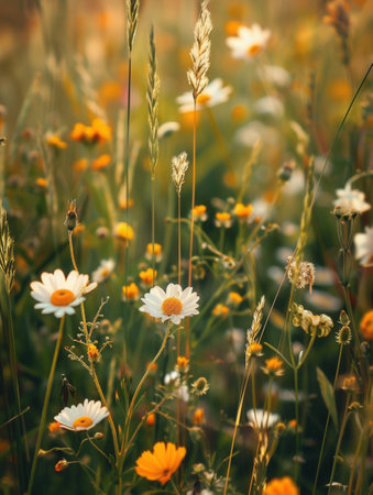 A captivating image of wildflowers and grasses bathed in the warm glow of summer sunlight. Perfect for adding a touch of natural beauty to your projects.の素材