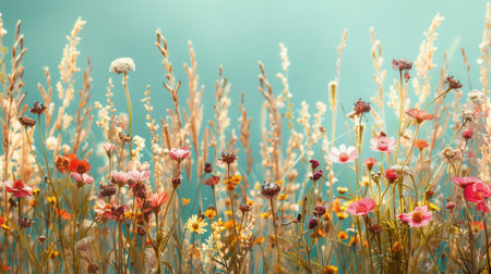 A field of wildflowers and grasses, bathed in soft, warm sunlight, creates a picturesque scene perfect for a farmers market or natural product store.の素材
