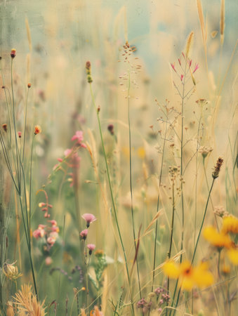A soft, dreamy image of wildflowers and grasses blooming in a sun-drenched meadow, perfect for adding a touch of nature to your home or business.の素材