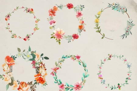 Six stunning watercolor floral wreaths in a variety of colors and styles, ideal for adding elegance to wedding invitations, parties, and celebrations.の素材