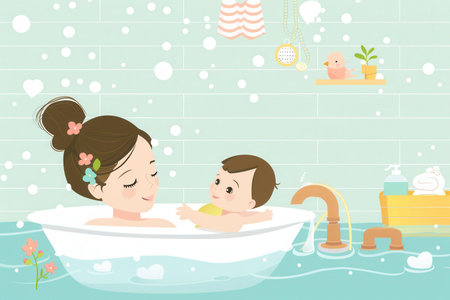 A mother gently bathes her baby in a white bathtub filled with bubbly water. The bathroom is light green and has a calm atmosphere.の素材