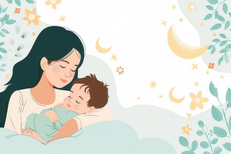 A mother peacefully holds her sleeping baby, surrounded by stars, moon, and leaves, creating a calming atmosphere.の素材