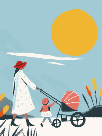 A mother and child enjoy a sunny day stroll with a stylish stroller.の素材