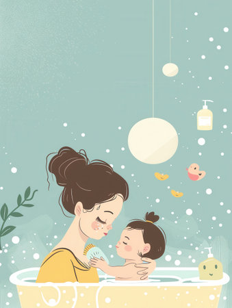 A loving mother gently bathes her baby in a white tub, surrounded by bubbles and care.の素材
