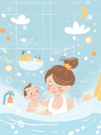 A loving mother bathes her baby in a tub full of bubbles, creating a tender and heartwarming moment.の素材