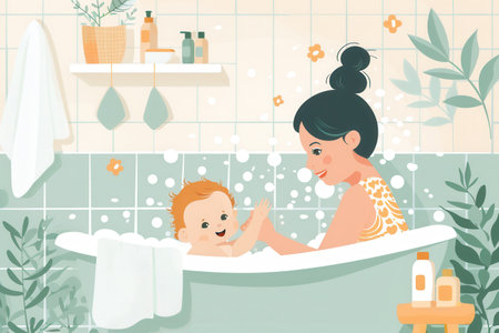 A mother gently bathes her baby in a white bathtub filled with soapy bubbles. The bathroom is decorated with green tiles and a shelf holding various bottles of baby care products.の素材