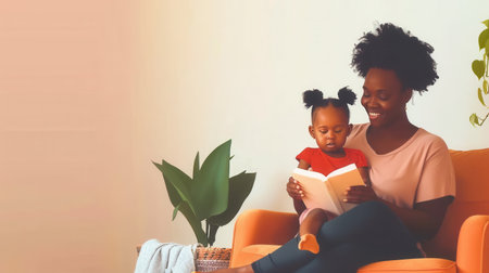 A mother reads a book to her young child, who sits on her lap, in a cozy living room setting.の素材